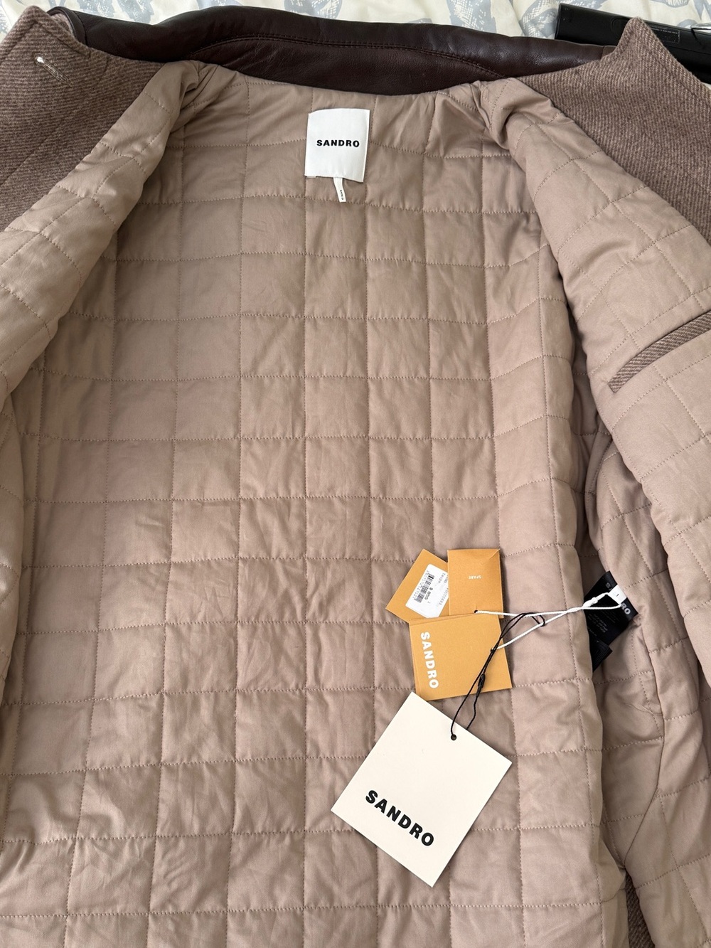 Sandro Tan Wool Jacket with Dark Brown Leather Collar - Picture 4 of 8